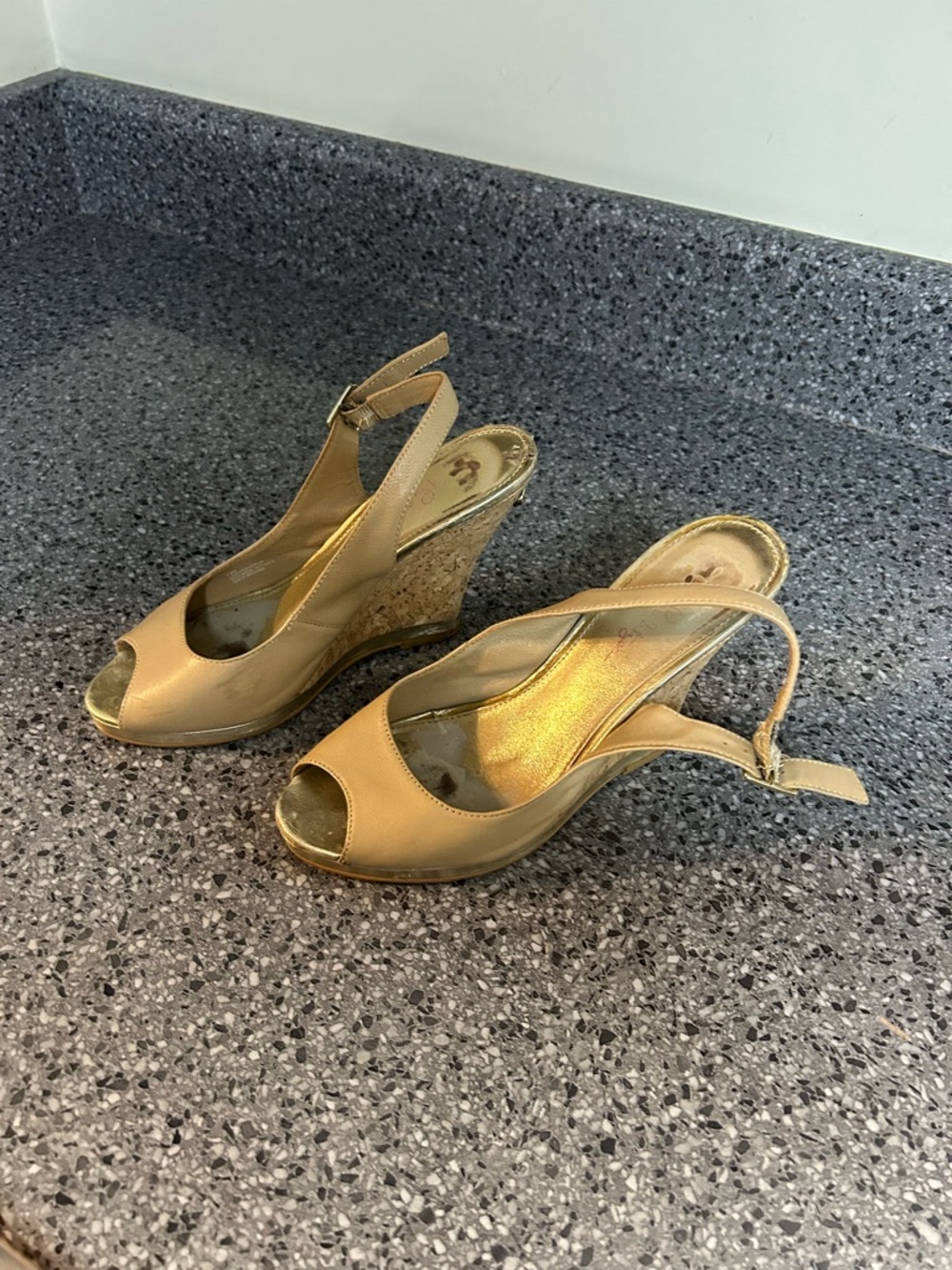 Lilly Pulitzer Gold Peep-Toe Cork Wedge Slingbacks